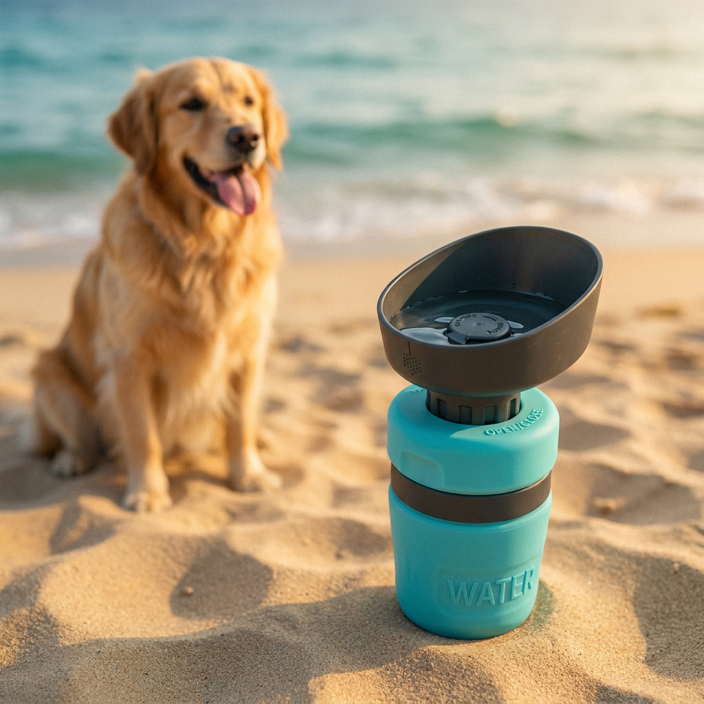 Gourde nomade Niddly sur sable de plage avec husky au coucher du soleil