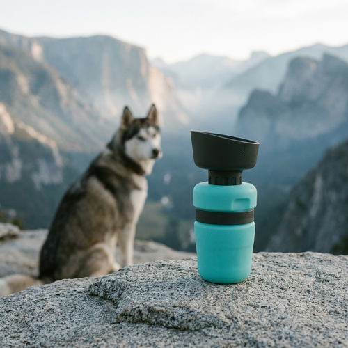 Gourde Niddly bleue et husky en montagne